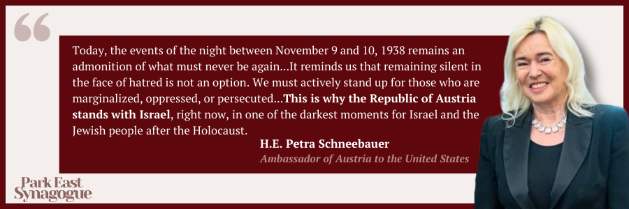Remarks by H.E. Petra Schneebauer – Commemoration of the 85th Anniversary of Kristallnacht
